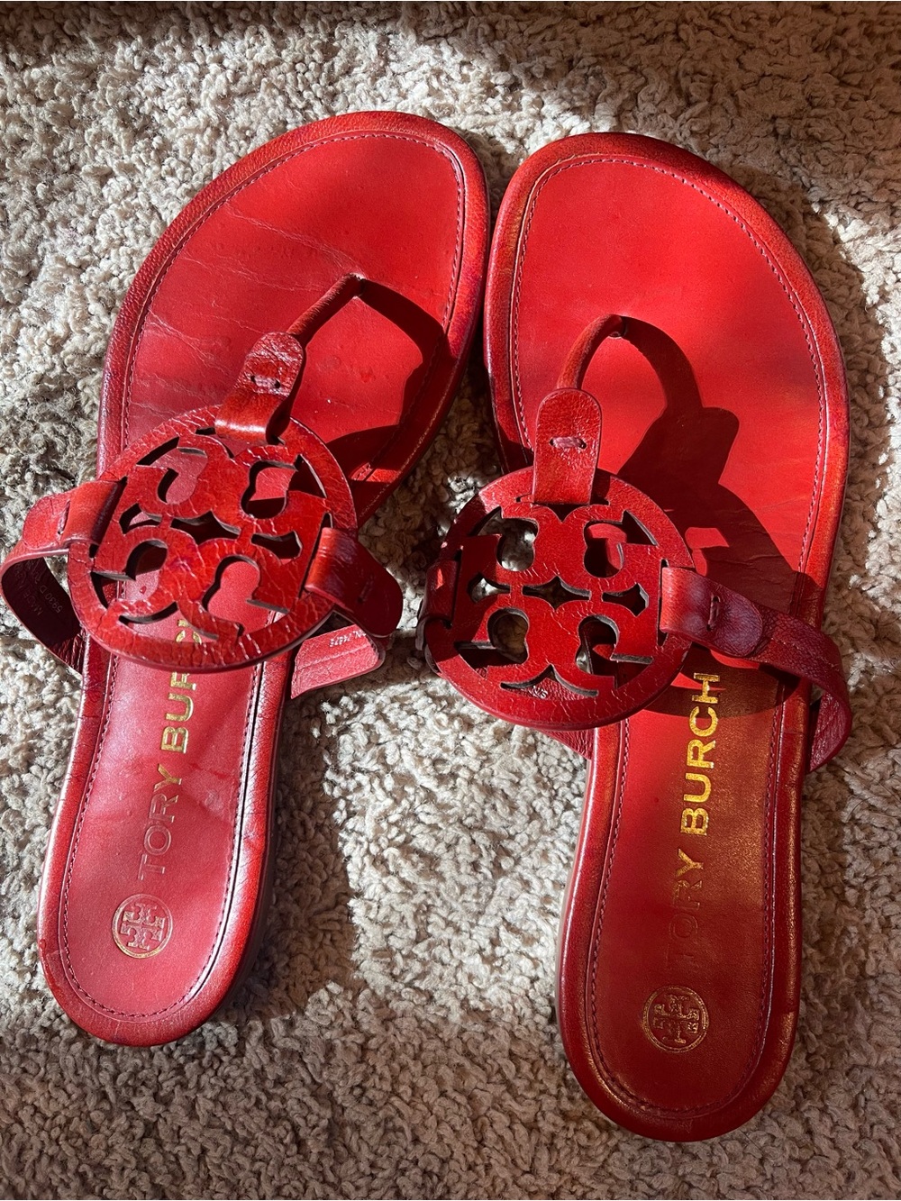 Tory Burch Red Leather Miller Logo Slide Sandals